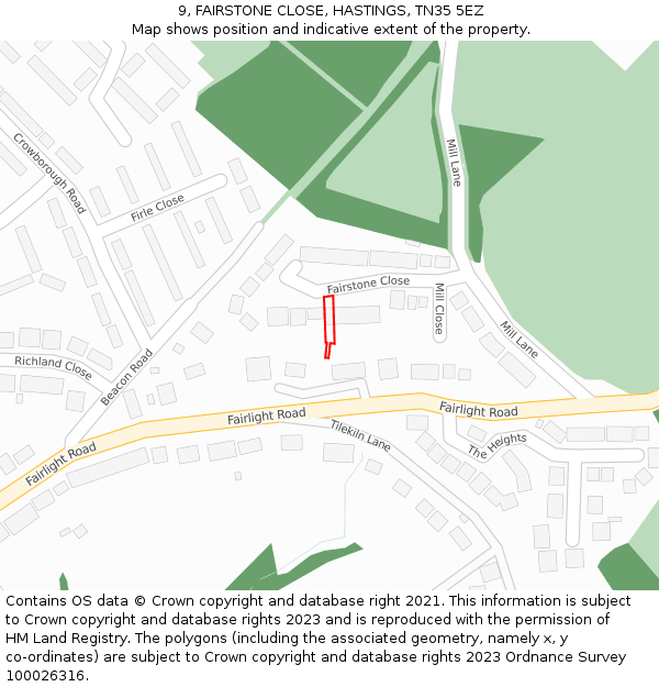 9, FAIRSTONE CLOSE, HASTINGS, TN35 5EZ: Location map and indicative extent of plot
