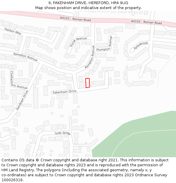 9, FAKENHAM DRIVE, HEREFORD, HR4 9UG: Location map and indicative extent of plot