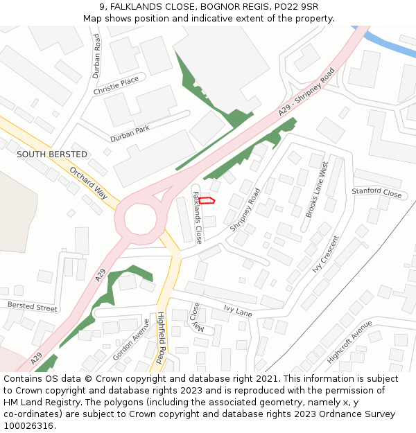 9, FALKLANDS CLOSE, BOGNOR REGIS, PO22 9SR: Location map and indicative extent of plot