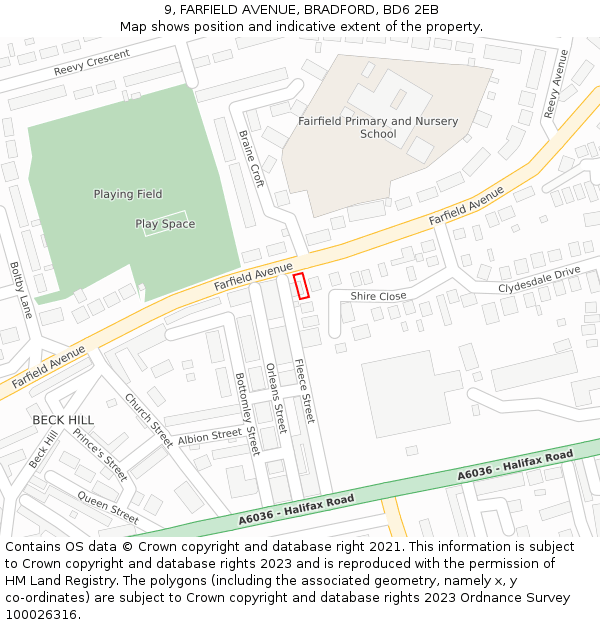 9, FARFIELD AVENUE, BRADFORD, BD6 2EB: Location map and indicative extent of plot