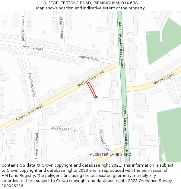 9, FEATHERSTONE ROAD, BIRMINGHAM, B14 6BA: Location map and indicative extent of plot