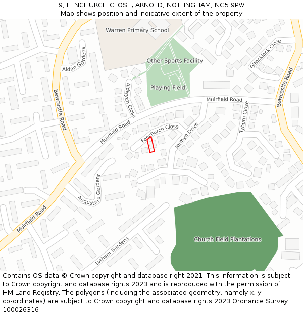 9, FENCHURCH CLOSE, ARNOLD, NOTTINGHAM, NG5 9PW: Location map and indicative extent of plot