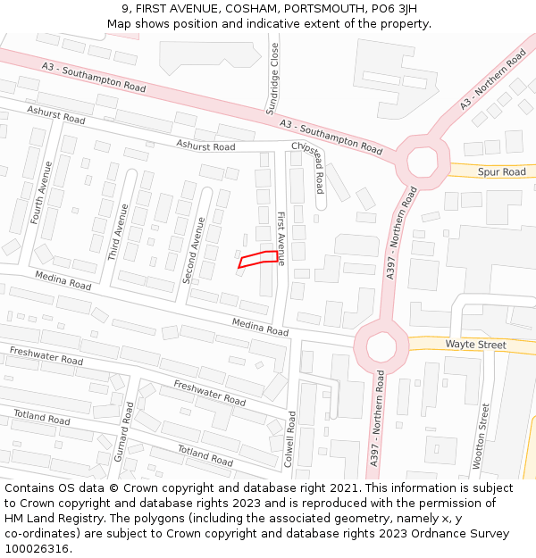 9, FIRST AVENUE, COSHAM, PORTSMOUTH, PO6 3JH: Location map and indicative extent of plot