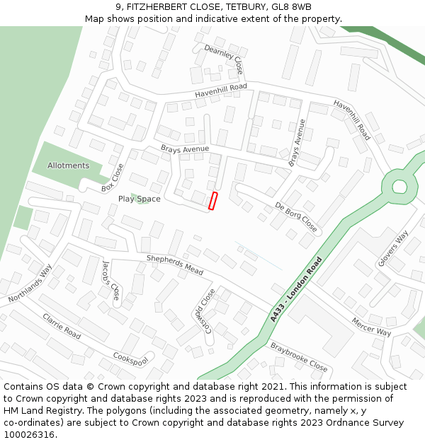 9, FITZHERBERT CLOSE, TETBURY, GL8 8WB: Location map and indicative extent of plot