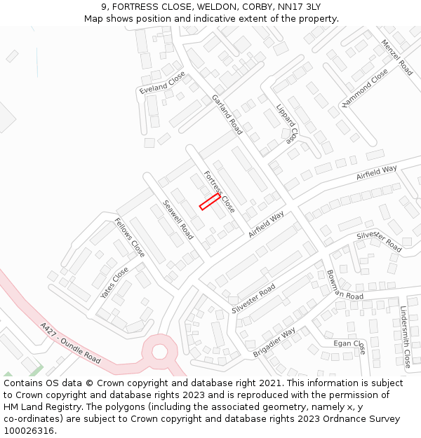 9, FORTRESS CLOSE, WELDON, CORBY, NN17 3LY: Location map and indicative extent of plot
