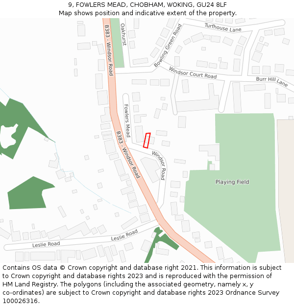9, FOWLERS MEAD, CHOBHAM, WOKING, GU24 8LF: Location map and indicative extent of plot