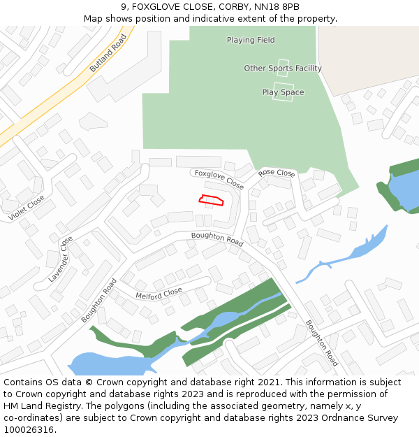 9, FOXGLOVE CLOSE, CORBY, NN18 8PB: Location map and indicative extent of plot