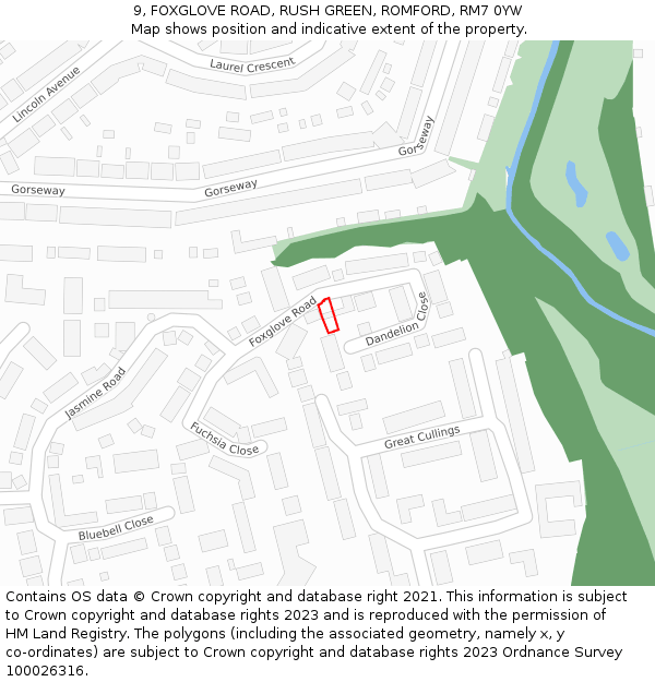 9, FOXGLOVE ROAD, RUSH GREEN, ROMFORD, RM7 0YW: Location map and indicative extent of plot