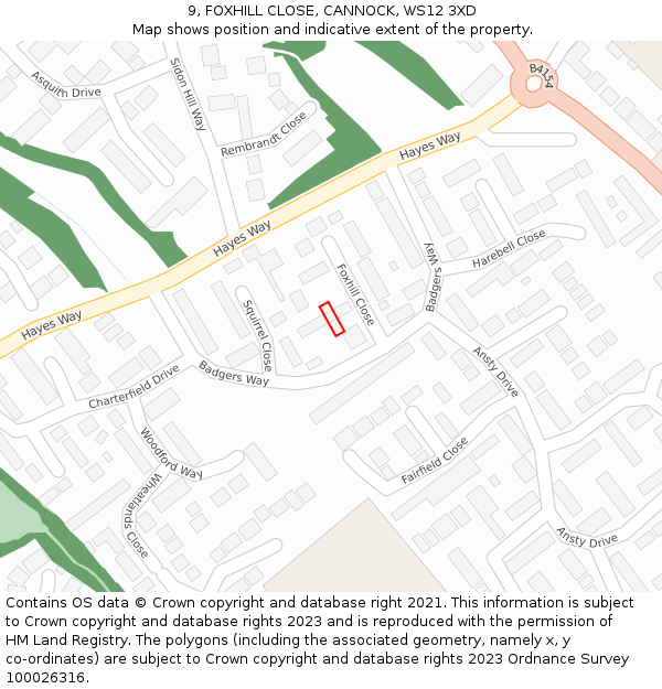 9, FOXHILL CLOSE, CANNOCK, WS12 3XD: Location map and indicative extent of plot