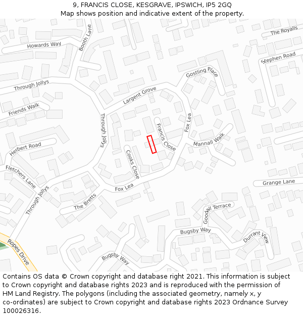 9, FRANCIS CLOSE, KESGRAVE, IPSWICH, IP5 2GQ: Location map and indicative extent of plot
