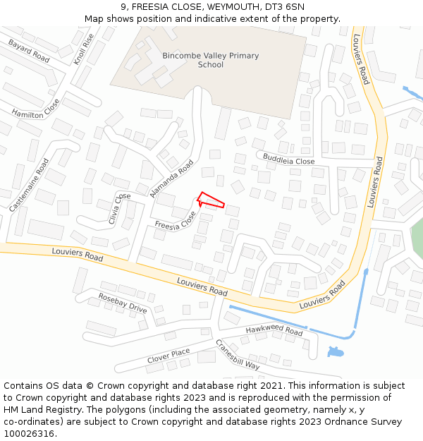 9, FREESIA CLOSE, WEYMOUTH, DT3 6SN: Location map and indicative extent of plot