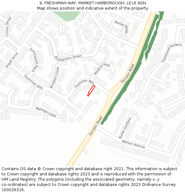 9, FRESHMAN WAY, MARKET HARBOROUGH, LE16 9GN: Location map and indicative extent of plot