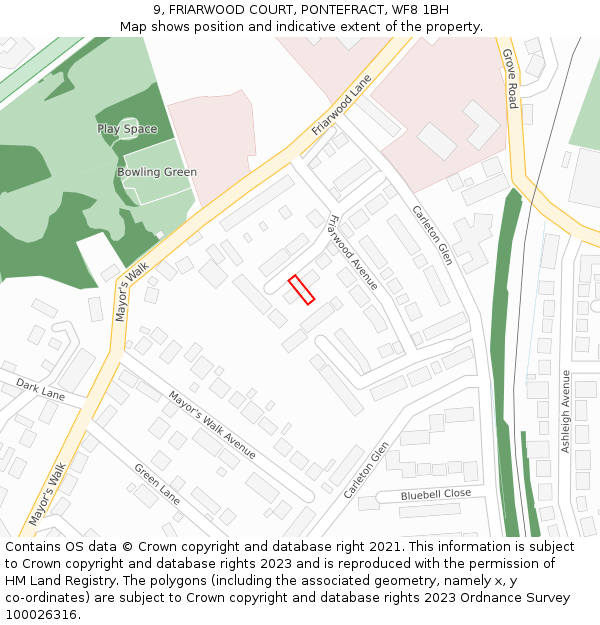 9, FRIARWOOD COURT, PONTEFRACT, WF8 1BH: Location map and indicative extent of plot