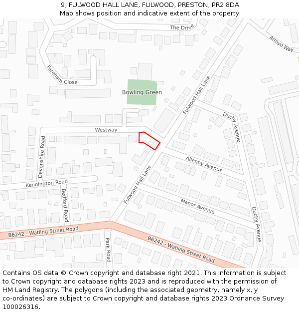 9, FULWOOD HALL LANE, FULWOOD, PRESTON, PR2 8DA: Location map and indicative extent of plot