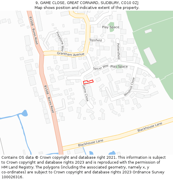 9, GAME CLOSE, GREAT CORNARD, SUDBURY, CO10 0ZJ: Location map and indicative extent of plot