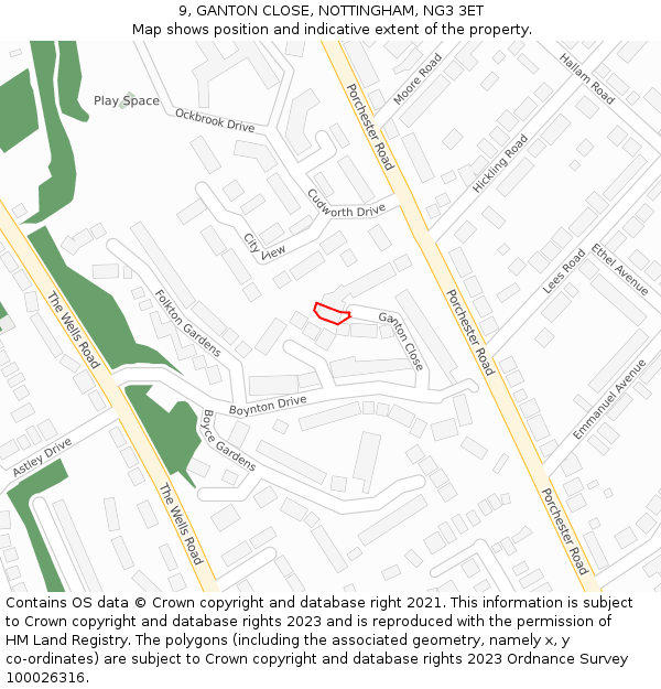 9, GANTON CLOSE, NOTTINGHAM, NG3 3ET: Location map and indicative extent of plot
