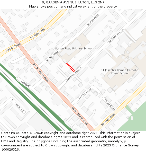 9, GARDENIA AVENUE, LUTON, LU3 2NP: Location map and indicative extent of plot