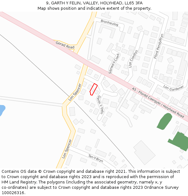 9, GARTH Y FELIN, VALLEY, HOLYHEAD, LL65 3FA: Location map and indicative extent of plot