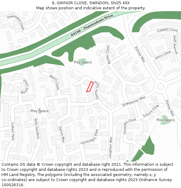 9, GAYNOR CLOSE, SWINDON, SN25 4XX: Location map and indicative extent of plot