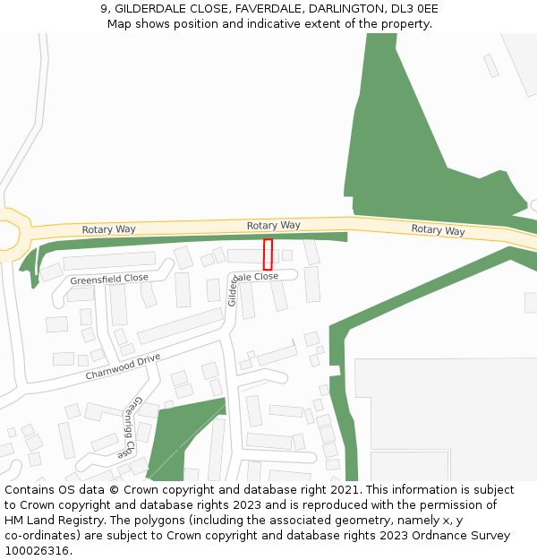 9, GILDERDALE CLOSE, FAVERDALE, DARLINGTON, DL3 0EE: Location map and indicative extent of plot
