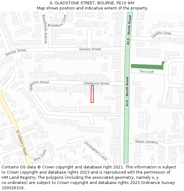 9, GLADSTONE STREET, BOURNE, PE10 9AY: Location map and indicative extent of plot