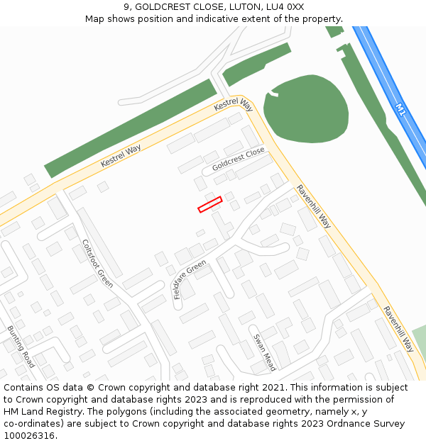 9, GOLDCREST CLOSE, LUTON, LU4 0XX: Location map and indicative extent of plot