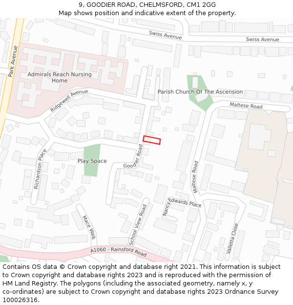 9, GOODIER ROAD, CHELMSFORD, CM1 2GG: Location map and indicative extent of plot