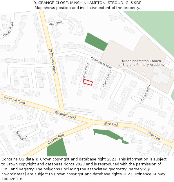 9, GRANGE CLOSE, MINCHINHAMPTON, STROUD, GL6 9DF: Location map and indicative extent of plot
