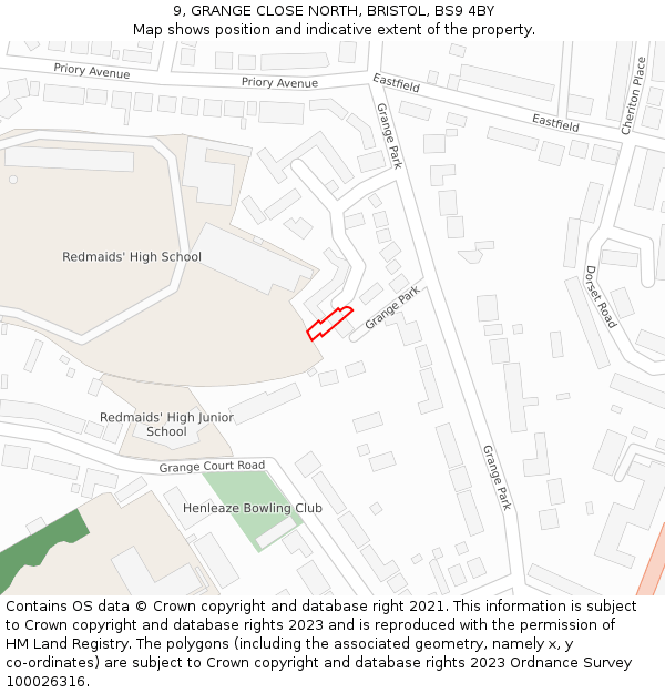 9, GRANGE CLOSE NORTH, BRISTOL, BS9 4BY: Location map and indicative extent of plot