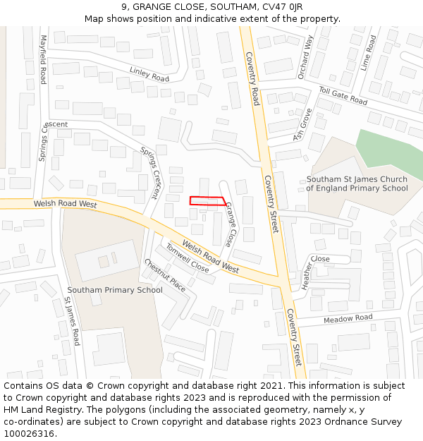 9, GRANGE CLOSE, SOUTHAM, CV47 0JR: Location map and indicative extent of plot