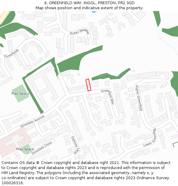 9, GREENFIELD WAY, INGOL, PRESTON, PR2 3GD: Location map and indicative extent of plot