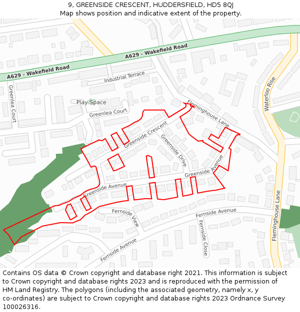 9, GREENSIDE CRESCENT, HUDDERSFIELD, HD5 8QJ: Location map and indicative extent of plot