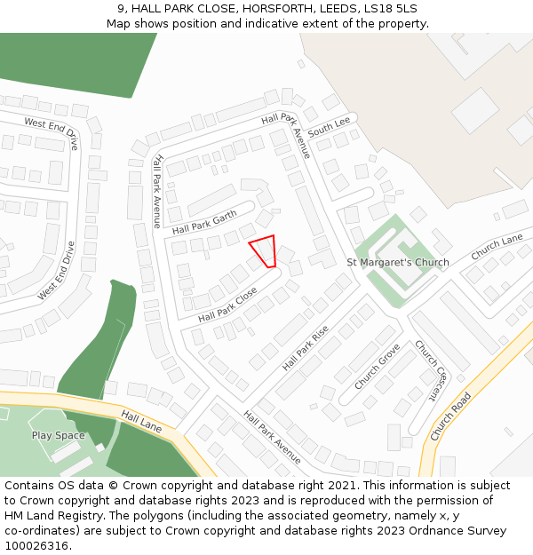 9, HALL PARK CLOSE, HORSFORTH, LEEDS, LS18 5LS: Location map and indicative extent of plot