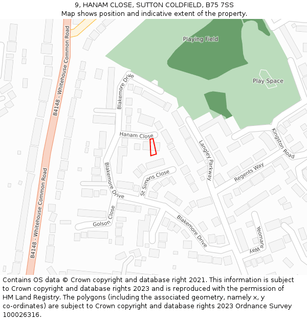 9, HANAM CLOSE, SUTTON COLDFIELD, B75 7SS: Location map and indicative extent of plot