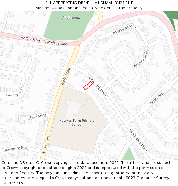 9, HAREBEATING DRIVE, HAILSHAM, BN27 1HP: Location map and indicative extent of plot