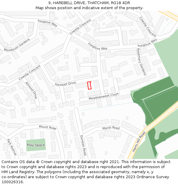 9, HAREBELL DRIVE, THATCHAM, RG18 4DR: Location map and indicative extent of plot