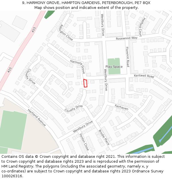 9, HARMONY GROVE, HAMPTON GARDENS, PETERBOROUGH, PE7 8QX: Location map and indicative extent of plot