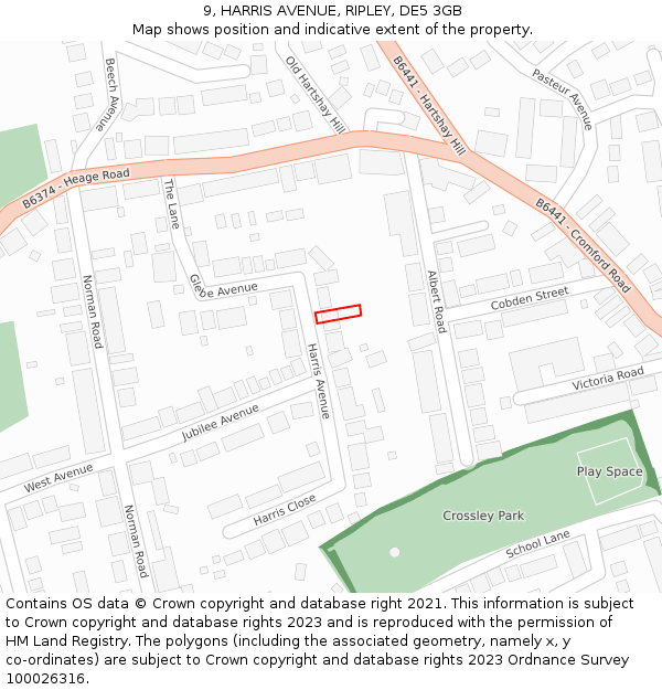 9, HARRIS AVENUE, RIPLEY, DE5 3GB: Location map and indicative extent of plot