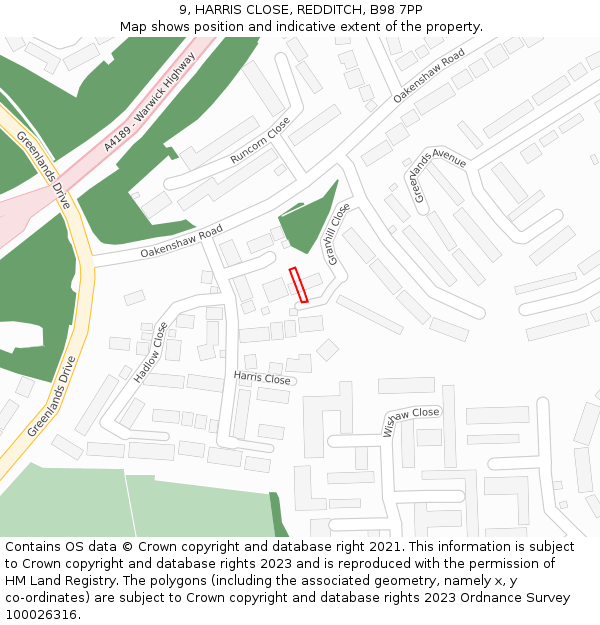 9, HARRIS CLOSE, REDDITCH, B98 7PP: Location map and indicative extent of plot