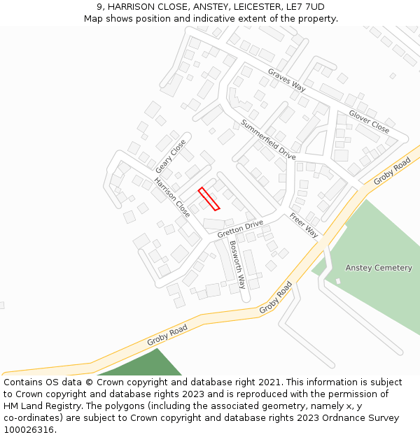9, HARRISON CLOSE, ANSTEY, LEICESTER, LE7 7UD: Location map and indicative extent of plot