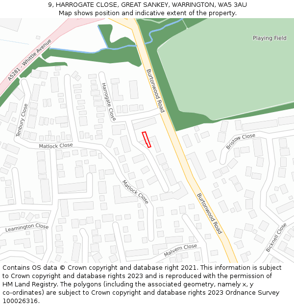 9, HARROGATE CLOSE, GREAT SANKEY, WARRINGTON, WA5 3AU: Location map and indicative extent of plot