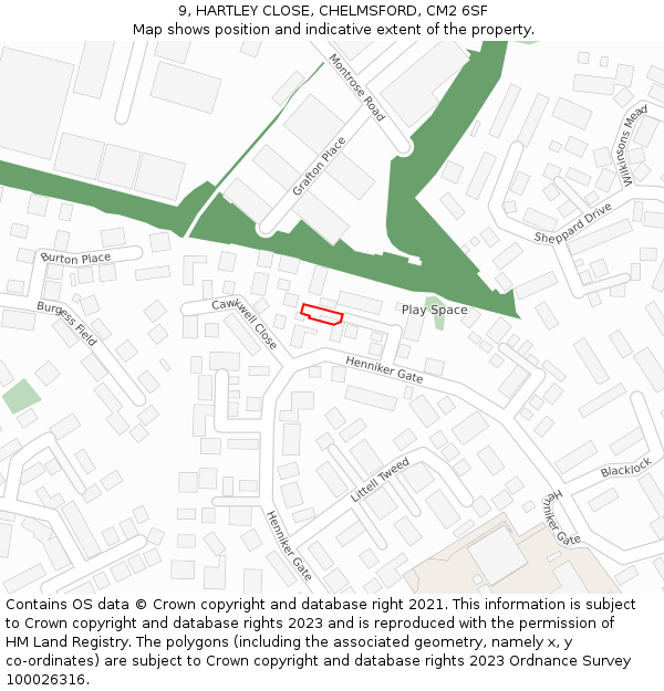 9, HARTLEY CLOSE, CHELMSFORD, CM2 6SF: Location map and indicative extent of plot