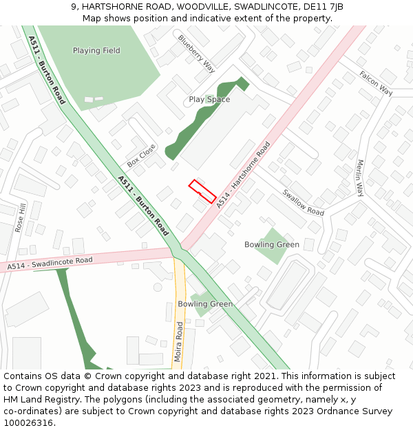 9, HARTSHORNE ROAD, WOODVILLE, SWADLINCOTE, DE11 7JB: Location map and indicative extent of plot