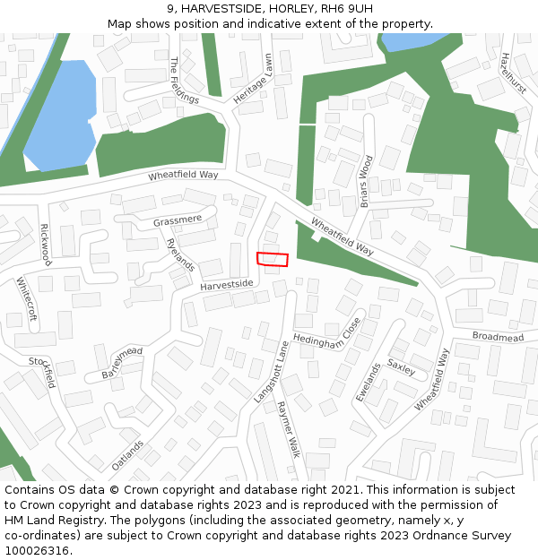 9, HARVESTSIDE, HORLEY, RH6 9UH: Location map and indicative extent of plot