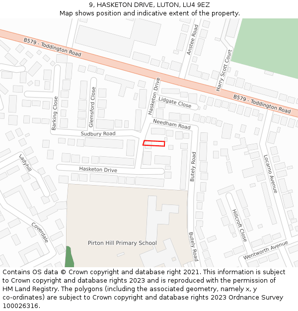 9, HASKETON DRIVE, LUTON, LU4 9EZ: Location map and indicative extent of plot