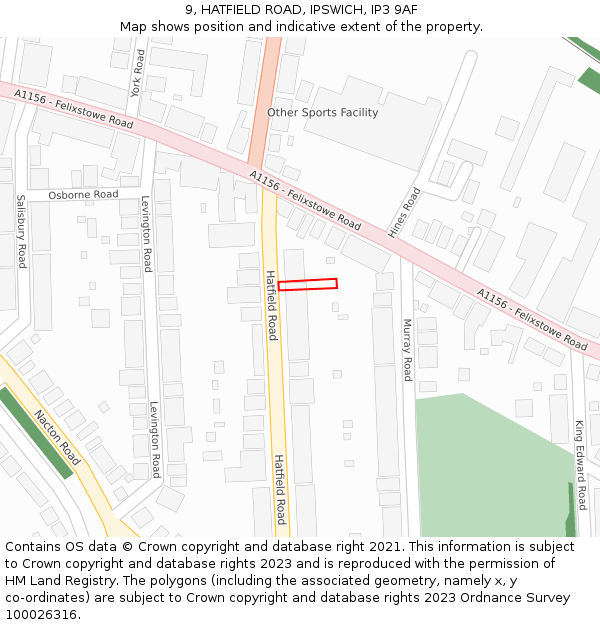 9, HATFIELD ROAD, IPSWICH, IP3 9AF: Location map and indicative extent of plot