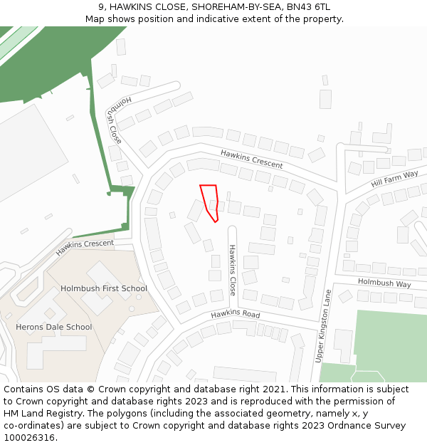 9, HAWKINS CLOSE, SHOREHAM-BY-SEA, BN43 6TL: Location map and indicative extent of plot
