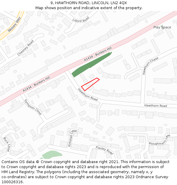 9, HAWTHORN ROAD, LINCOLN, LN2 4QX: Location map and indicative extent of plot