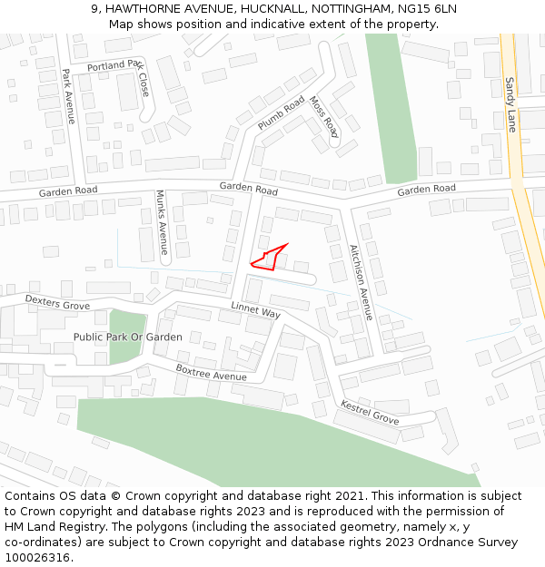 9, HAWTHORNE AVENUE, HUCKNALL, NOTTINGHAM, NG15 6LN: Location map and indicative extent of plot