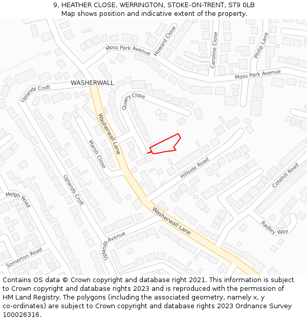 9, HEATHER CLOSE, WERRINGTON, STOKE-ON-TRENT, ST9 0LB: Location map and indicative extent of plot